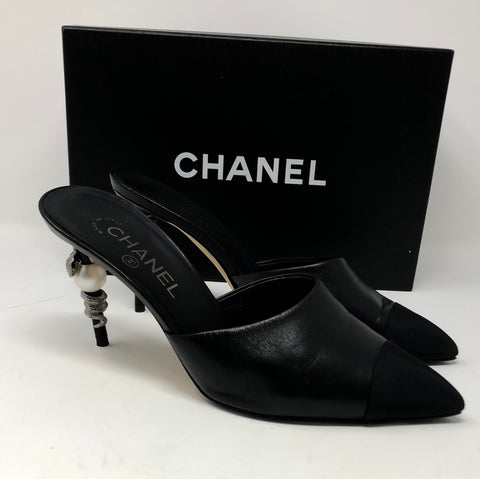 Chanel Black Leather Mules with Snake and Pearl Heel