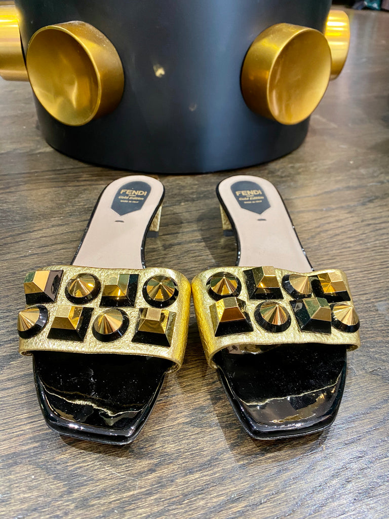 Fendi Patent Slide Sandal with Gold Studs