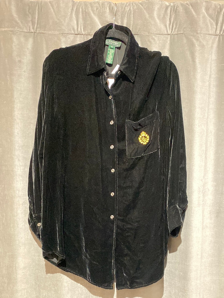 LAUREN Black Velvet Button Down Collared Shirtn with Gold Crest