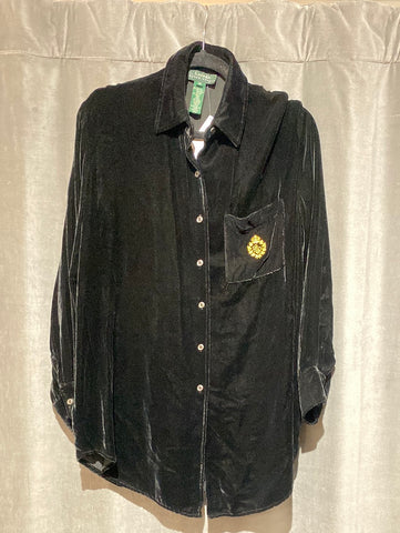 LAUREN Black Velvet Button Down Collared Shirtn with Gold Crest