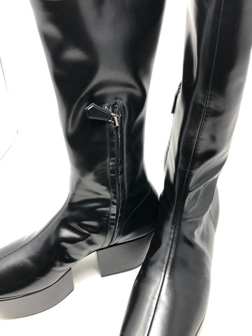 Prada Black Leather Platform Midi Boots