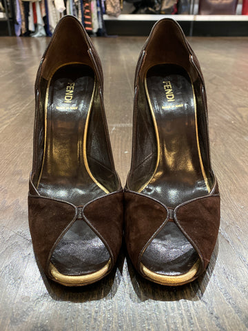 Fendi Brown Suede Peep Toe with Brown Leather Accent