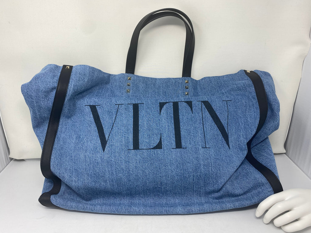 Valentino Denim Logo Rockstud Tote Bag