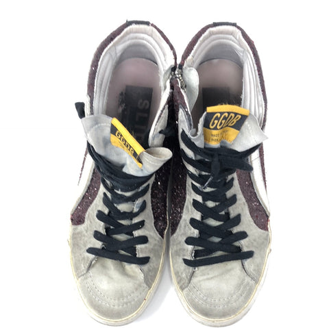 Golden Goose Maroon Glitter HIgh Top Side Zip sneaker