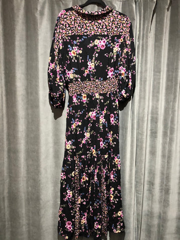 Love Stitch Collared Black Floral Long Sleeve Maxi Dress