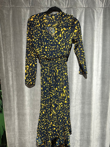 Maje Navy and Mustard 3/4 Sleeve Handkerchief Bottom Dress