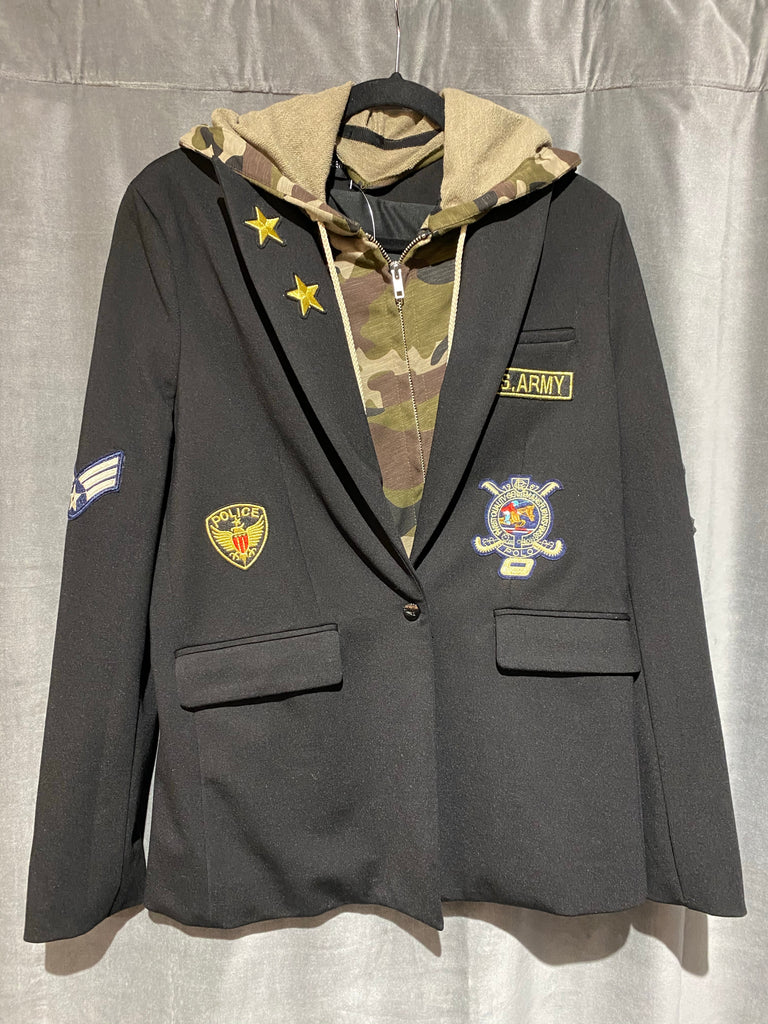 Central Park West Black Blazer with Patches and Camp Hood and Zipper Attachment