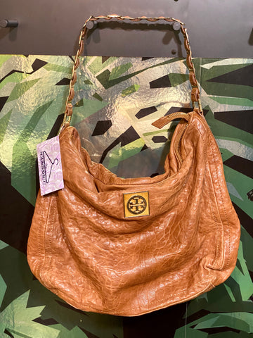 Tory Burch Cognac Leather Shoulder Hobo Bag with Gold Hardware