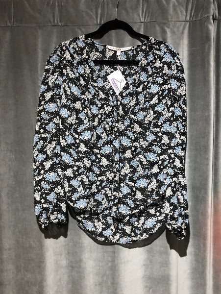 Veronica Beard Blue, Black and White Sheer Floral Long Sleeve Blouse