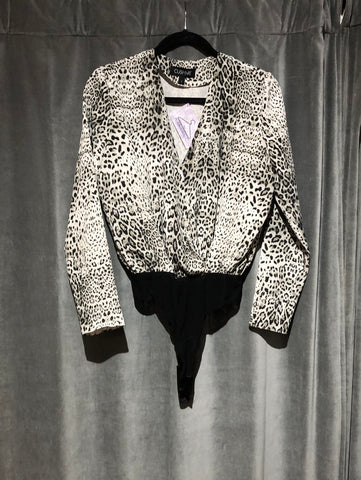 Cushnie Grey and Black Long Sleeve Cheetah Print Body Suit
