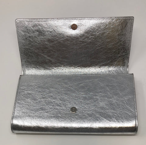 YSL Belle Du Jour Silver Large Metallic Stamped Logo Clutch