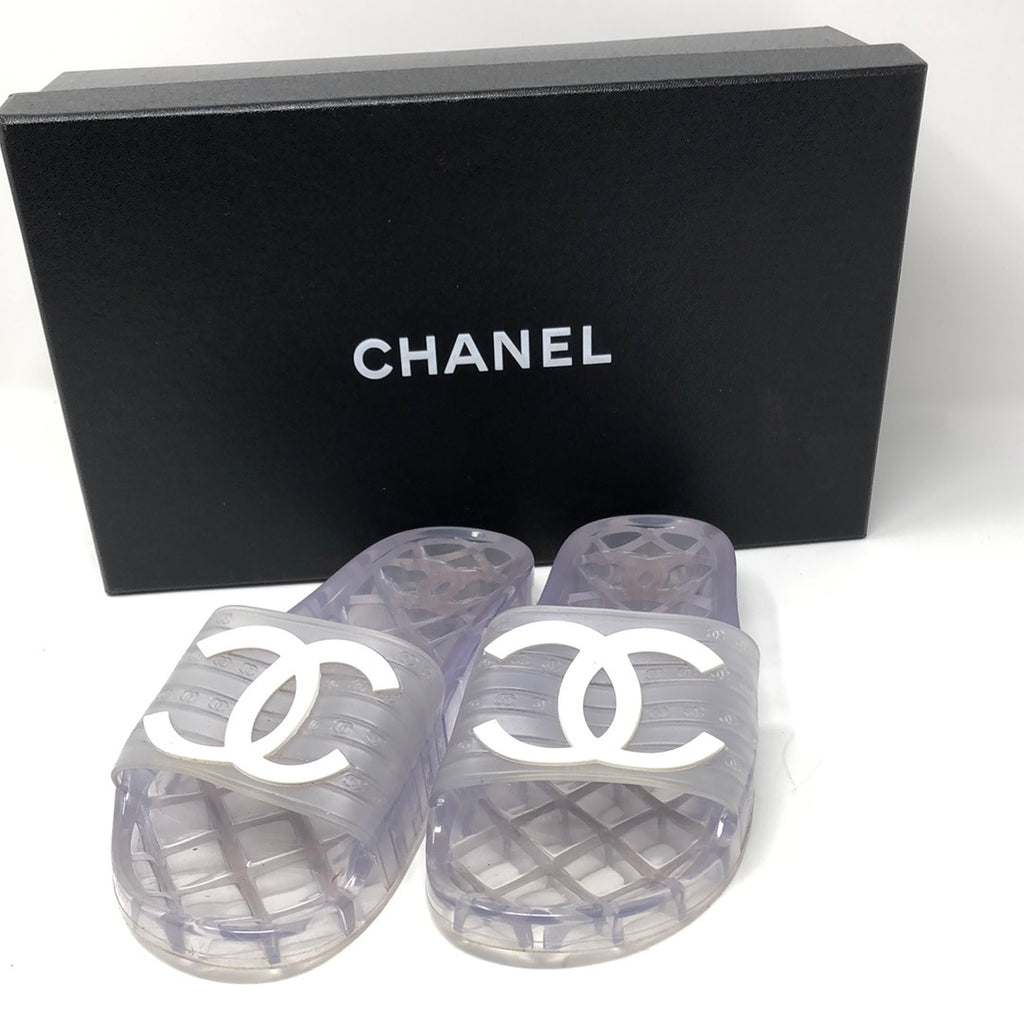 Chanel Sandals Clear Slides CHANEL PVC TRANSPARENT WHITE LOGO FLAT