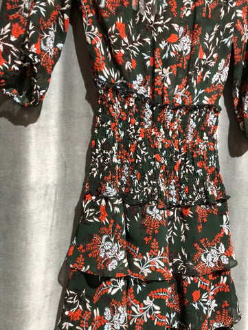 Maje Long Sleeve Floral Wide Neck Dress with elastic drop waist