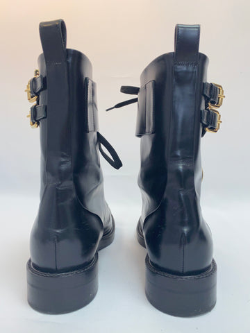 Louis Vuitton Black Leather Boots with Metal Buckle Closure