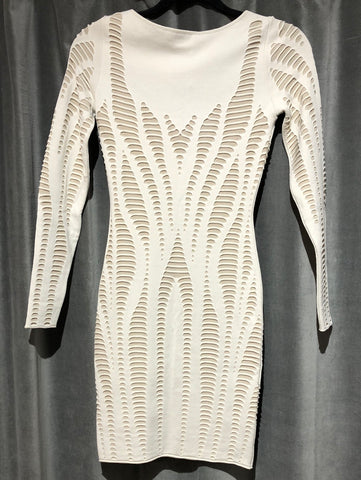 RVN Cream Knit Long Sleeve Shredded Bodycon Dress