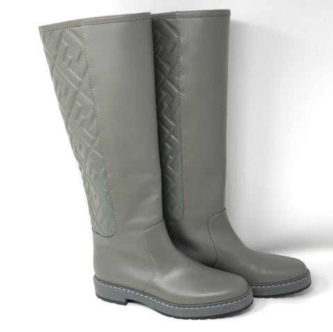 Fendi Grey leather Logo Embossed Mid-Calf Riding Boots
