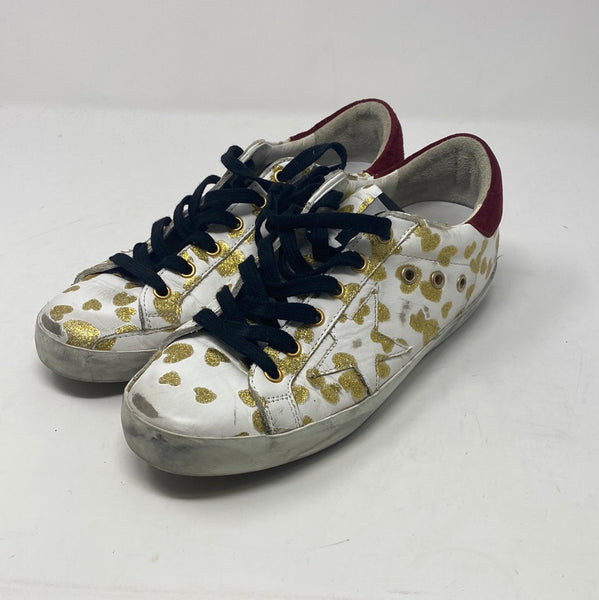 Golden Goose Superstar White Sneaker with Gold Glitter Leopardprint and Maroon Suede Back