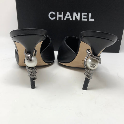 Chanel Black Leather Mules with Snake and Pearl Heel