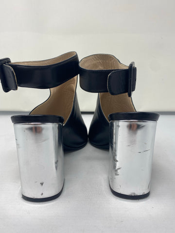 Prada Black Leather Peep Toe Sandal with Metallic Silver heel