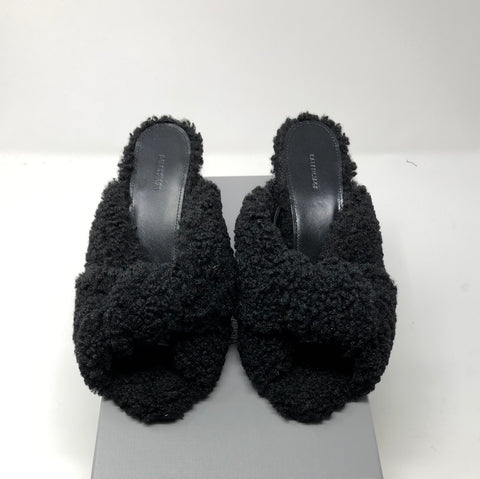 Balenciaga Drapy Sandal in Black Faux Shearling Mule