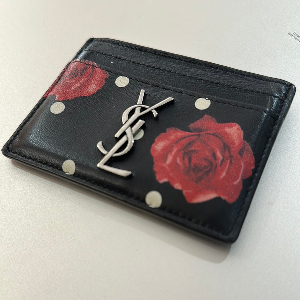 YSL Black LEather Card Holder with Roses and Polka Dots