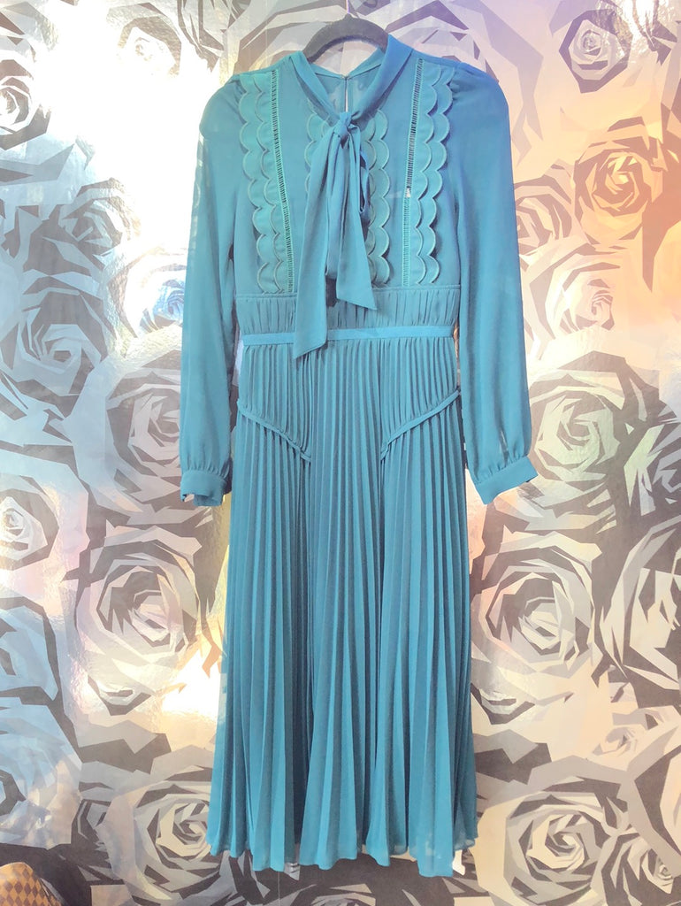 Self-Portrait Teal Chiffon Scalloped Midi Dress The Hangout Self-Portrait Teal Chiffon Scalloped Midi Dress The Hangout