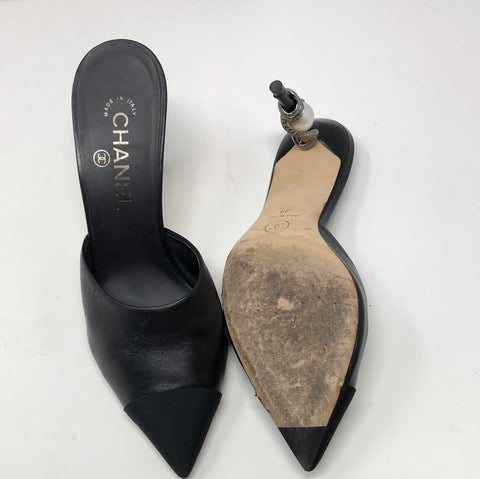 Chanel Black Leather Mules with Snake and Pearl Heel – The Hangout