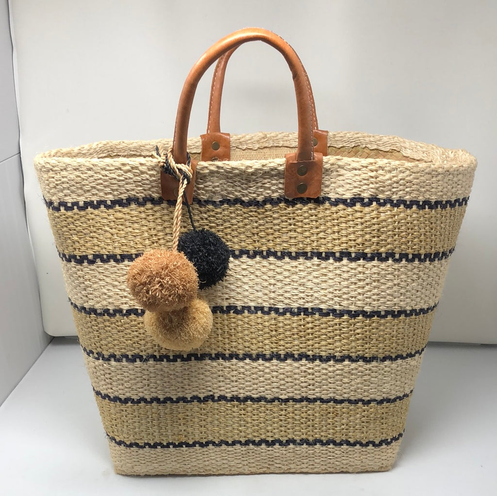 MAR Y SOL Handmade Beach bag with Black Beige and Tan Pom Pom