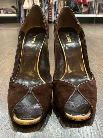 Fendi Brown Suede Peep Toe with Brown Leather Accent