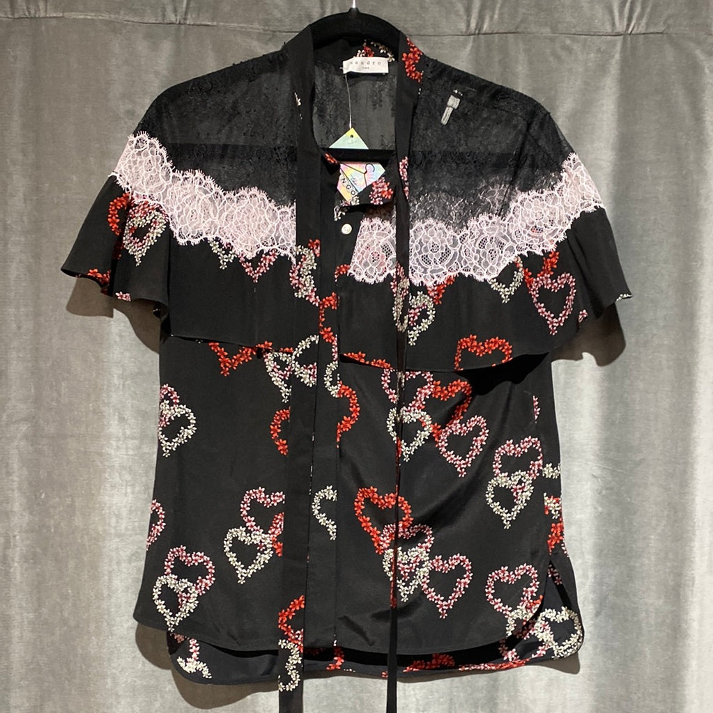 Sandro Black Short Sleeve Blouse with Hearts and Lace