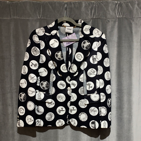 Moschino Black and White Polka Dot Printed Blazer Jacket with Exposed Stitching