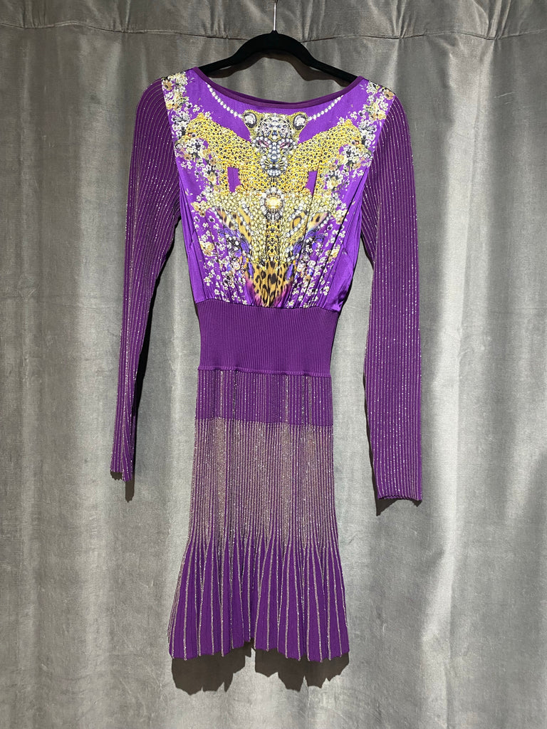 Cavalli Class purple Long Sleeve Knit and Silk Full Skirt Dress