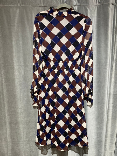 Pferdgarten Maroon and Navy Long sleeve mock neck diagnal checkerboard dress