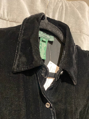 LAUREN Black Velvet Button Down Collared Shirtn with Gold Crest