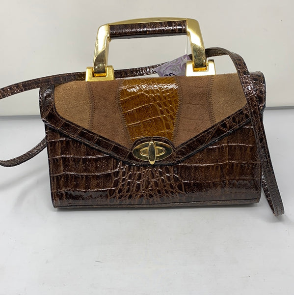 VINTAGE: Brown Patent Croc-Embossed Top Handle Crossbody