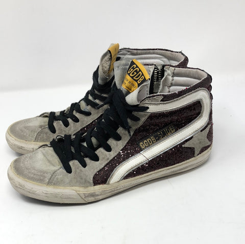 Golden Goose Maroon Glitter HIgh Top Side Zip sneaker