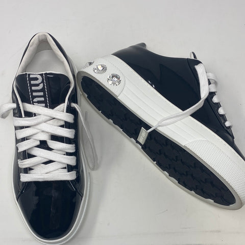Miu Miu Black Patent Leather Sneaker with Circle Gems with Rubber Platform