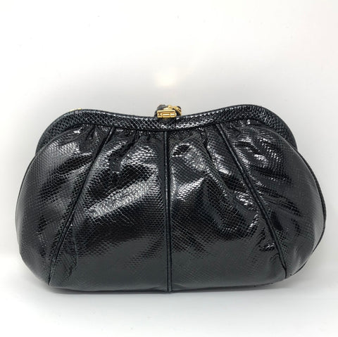 Vintage: Judith Leiber Snakeskin Black and Green Shoulder Bag with Snail Gem Clasp