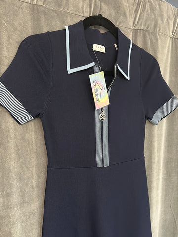 Sandro Navy Collared Short Sleeve Stretch Knit Fit and Flare with Zipper