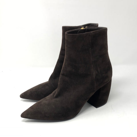 Prada Dark Brown Suede Pointed Toe Block Heel Booties