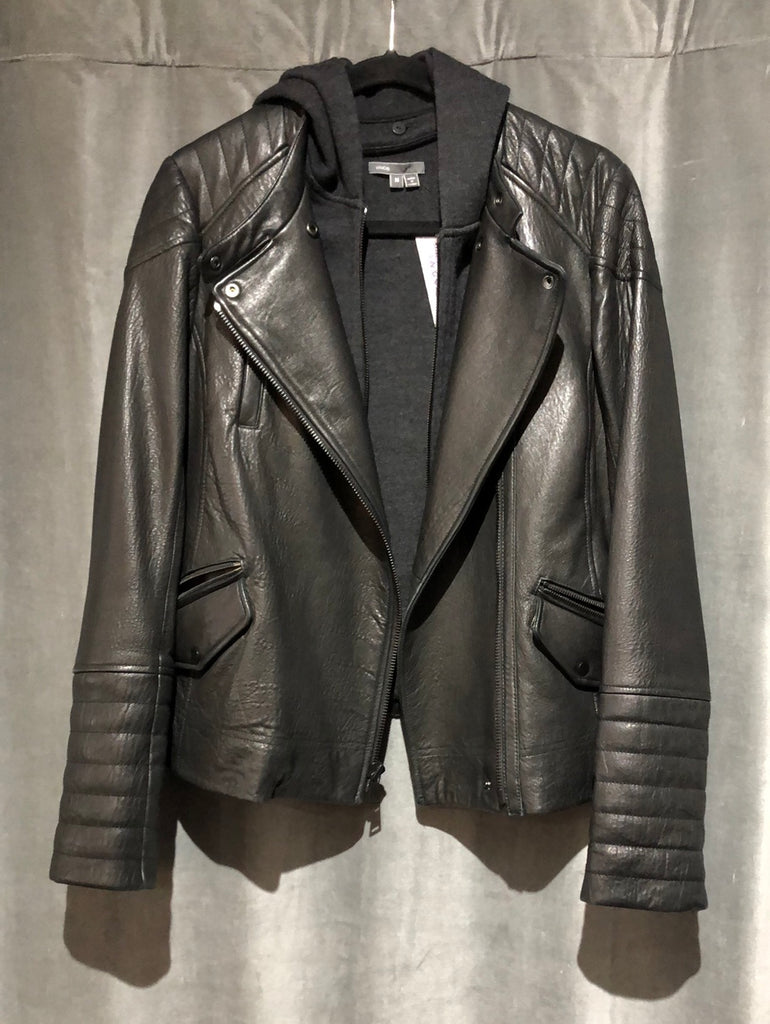 VINCE Black Leather Moto Hooded Jacket with Grey Zipout Sweater
