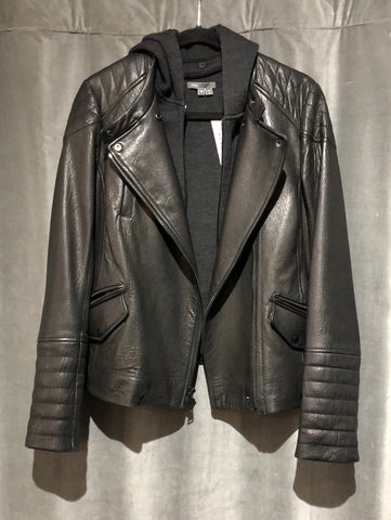 VINCE Black Leather Moto Hooded Jacket with Grey Zipout Sweater