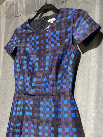 Shoshanna Short Sleeve Dress with Blue and Purple Square Design