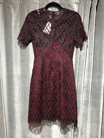 Sandro Black and Maroon Lace Sheer Short Sleeve Straight Dress
