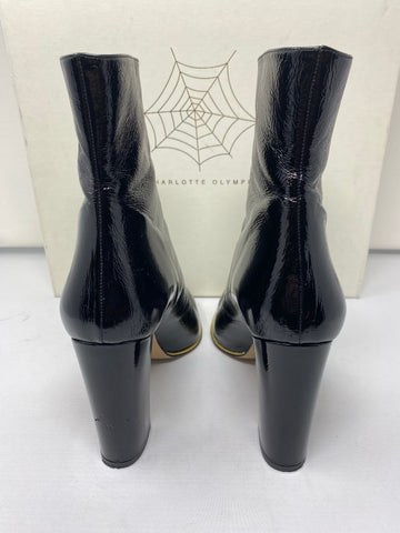 Charlotte Olympia Black Patent Leather Front Zip Block Heel Bootie