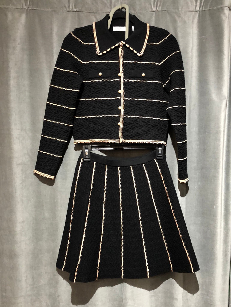 Sandro Two Peice Set Collared Black Knit Sweater and Flare mini Skirt