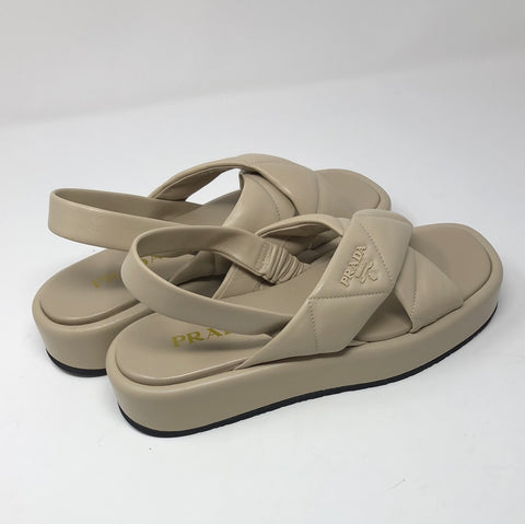 Prada Beige Leather Platform CrissCross Slingback Sandals