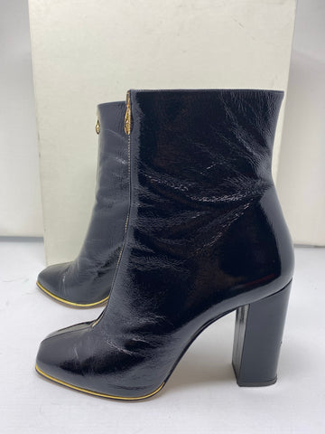 Charlotte Olympia Black Patent Leather Front Zip Block Heel Bootie