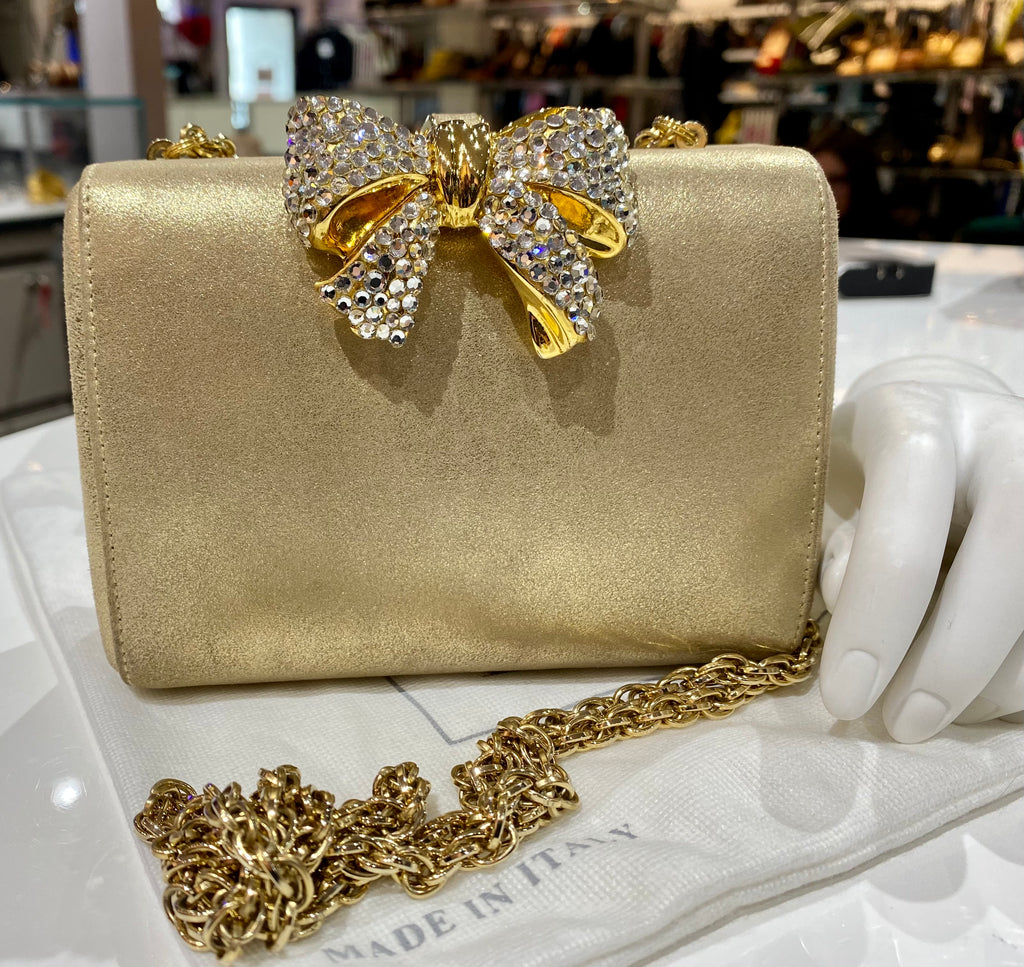Vintage: Rodo  Gold Leather with Gold and Crystal Bow and Gold Chain