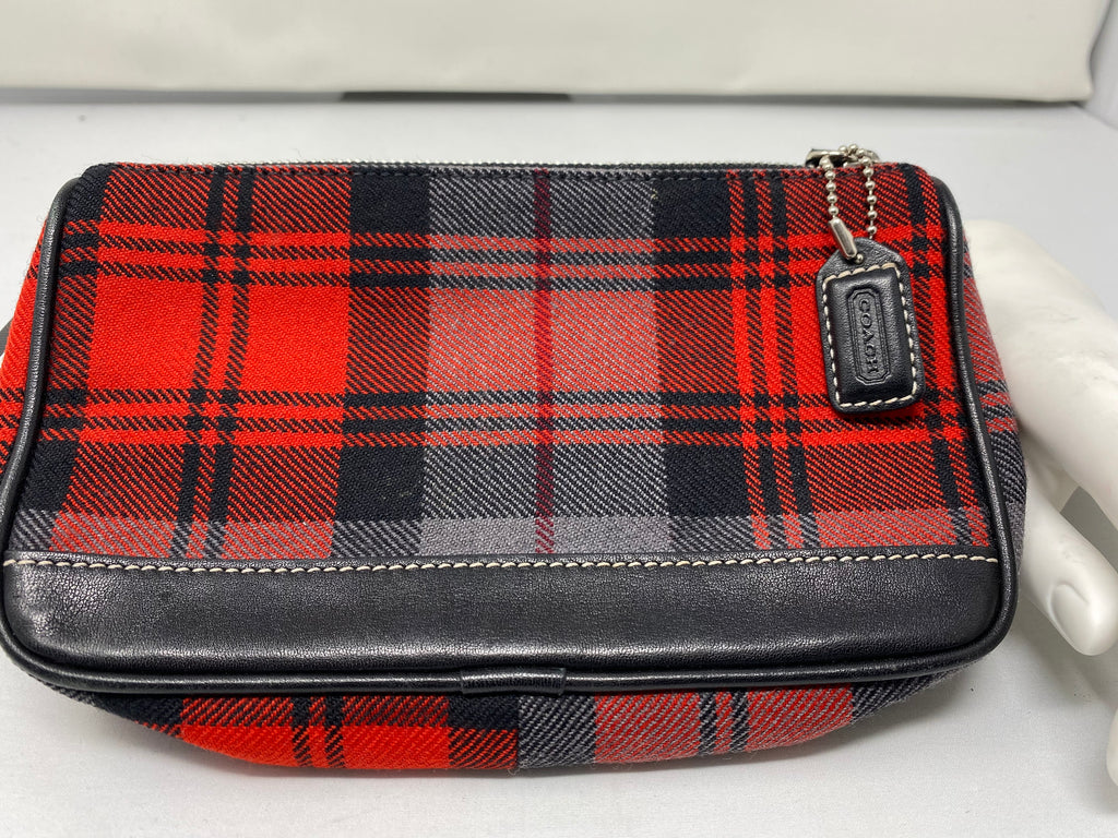 Coach Red, Grey and Black Plaid Top Zip Pouch